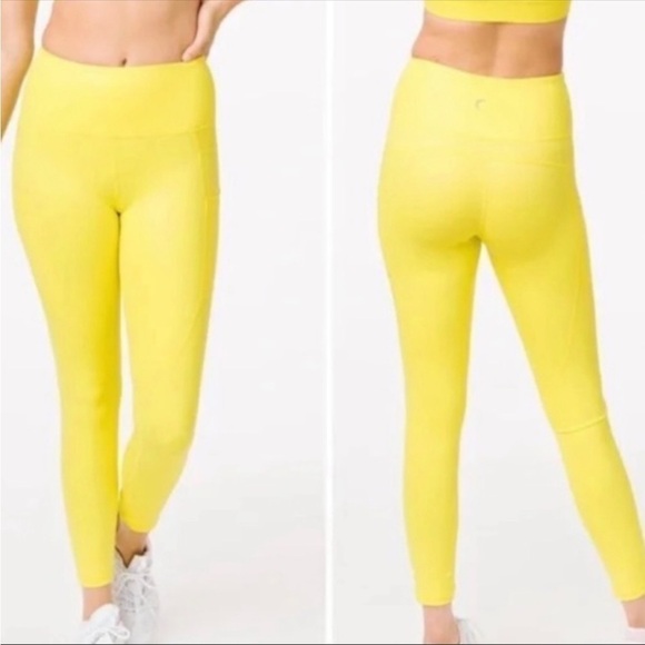 Zyia Metallic Neon Yellow Leggings Light N Tight With Pockets Size 0 - Picture 1 of 11